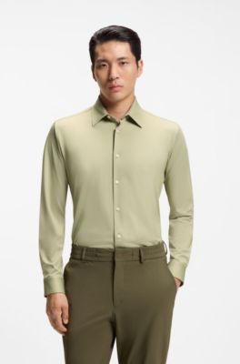 Slim-fit shirt in structured performance stretch fabric, Khaki
