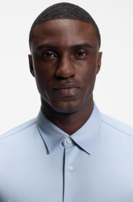Slim-fit shirt in structured performance stretch fabric, Light Blue