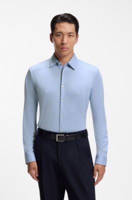 Camisa slim fit en tejido el&aacute;stico t&eacute;cnico con estructura, Celeste