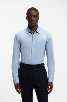 Slim-fit shirt in structured performance stretch fabric, Light Blue