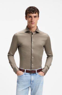 Slim-fit shirt in cotton jersey, Brown
