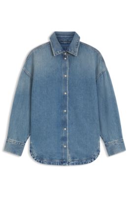 Oversize-fit shirt in vintage rigid denim, Light Blue