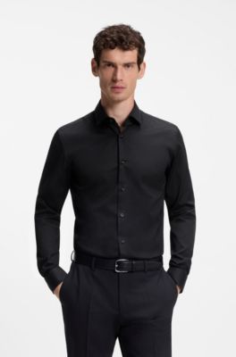 Slim-fit cotton shirt with mini monogram jacquard, Black