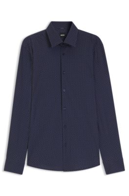Slim-fit shirt in printed performance stretch fabric, Dark Blue