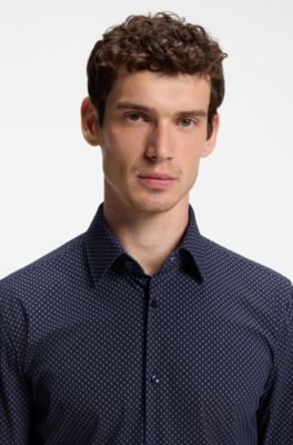 Slim-fit shirt in printed performance stretch fabric, Dark Blue