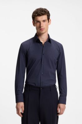 Camisa slim fit de tejido el&aacute;stico t&eacute;cnico estampado, Azul oscuro