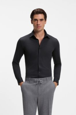 Slim-fit shirt in Italian-made performance-stretch jersey, Black