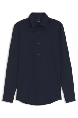 Slim-fit shirt in Italian-made performance-stretch jersey, Dark Blue