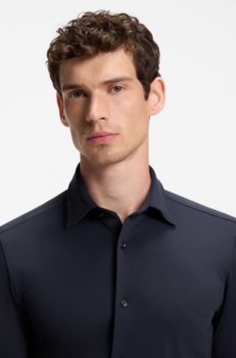 Slim-fit shirt in Italian-made performance-stretch jersey, Dark Blue
