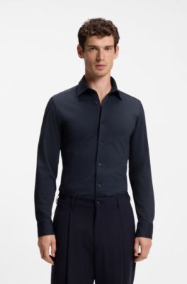 Slim-fit shirt in Italian-made performance-stretch jersey, Dark Blue