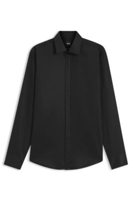 Regular-fit dress shirt in satin-finish linen, Black