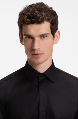 Regular-fit dress shirt in satin-finish linen, Black