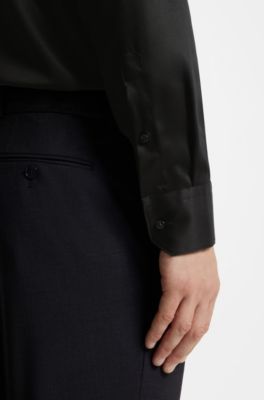Regular-fit dress shirt in satin-finish linen, Black