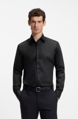 Regular-fit dress shirt in satin-finish linen, Black