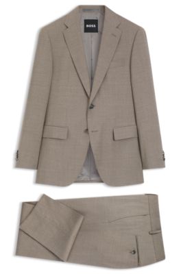 Two-piece regular-fit suit in m&eacute;lange stretch wool, Khaki