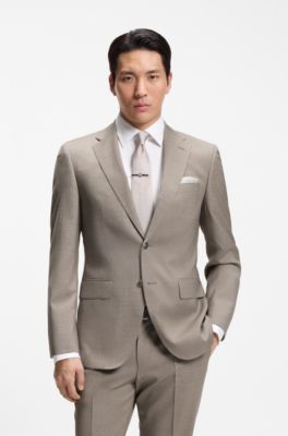 Two-piece regular-fit suit in m&eacute;lange stretch wool, Khaki