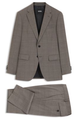 Two-piece slim-fit suit in checked stretch wool, Khaki