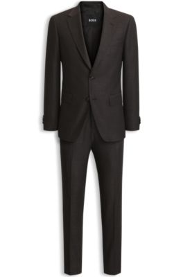 Traje slim fit de dos piezas en lana el&aacute;stica con motivo, Marr&oacute;n