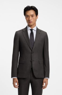 Traje slim fit de dos piezas en lana el&aacute;stica con motivo, Marr&oacute;n