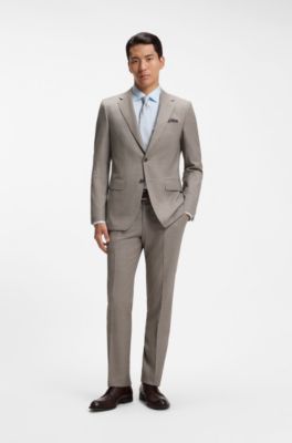 Traje slim fit de dos piezas en lana el&aacute;stica con motivo, Caqui