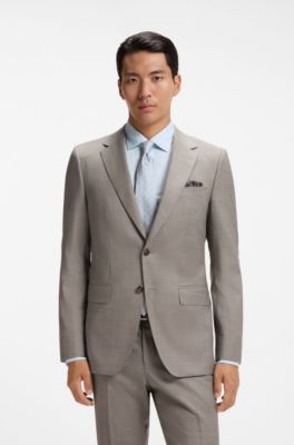 Traje slim fit de dos piezas en lana el&aacute;stica con motivo, Caqui