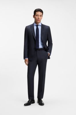 Traje slim fit de dos piezas en lana el&aacute;stica con motivo, Azul oscuro