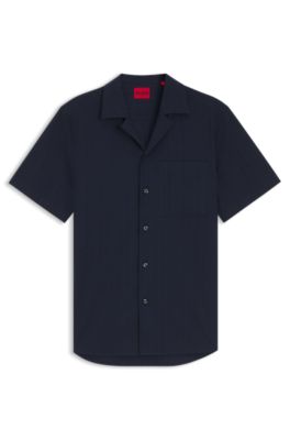 Relaxed-fit cotton shirt with structured stripe, Dark Blue