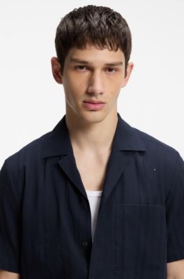 Relaxed-fit cotton shirt with structured stripe, Dark Blue