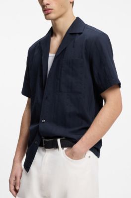 Relaxed-fit cotton shirt with structured stripe, Dark Blue