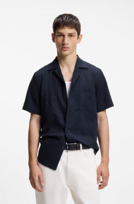 Relaxed-fit cotton shirt with structured stripe, Dark Blue