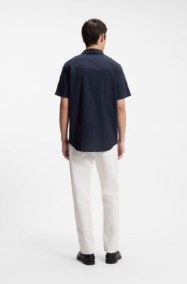 Relaxed-fit cotton shirt with structured stripe, Dark Blue