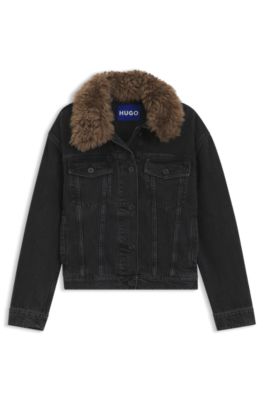 Cazadora de estilo camionero en denim con cuello de zalea desmontable, Negro