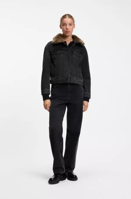 Denim trucker jacket with detachable shearling collar