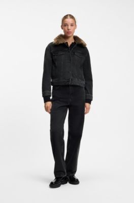 Cazadora de estilo camionero en denim con cuello de zalea desmontable, Negro