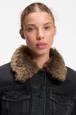 Cazadora de estilo camionero en denim con cuello de zalea desmontable, Negro