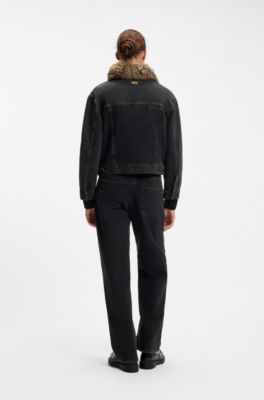 Cazadora de estilo camionero en denim con cuello de zalea desmontable, Negro