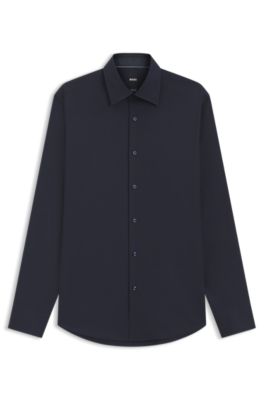 Regular-fit shirt in easy-iron stretch cotton, Dark Blue