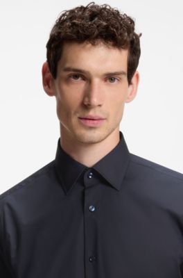 Regular-fit shirt in easy-iron stretch cotton, Dark Blue