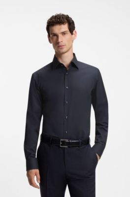 Regular-fit shirt in easy-iron stretch cotton, Dark Blue