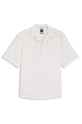 Relaxed-fit camp-collar shirt in stretch cotton poplin, White