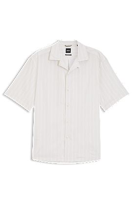 Camisa relaxed fit con cuello cubano en popelín de algodón elástico
