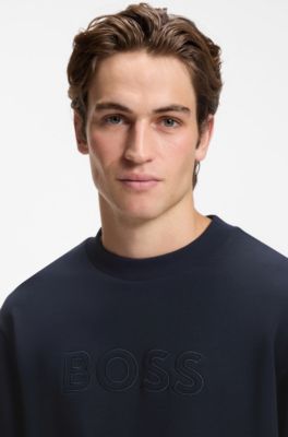 Sudadera relaxed fit de felpa de algod&oacute;n con logo bordado, Azul oscuro