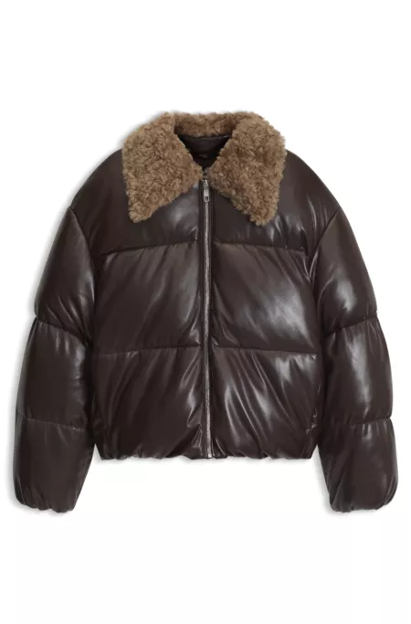 Faux-leather bomber jacket with teddy collar