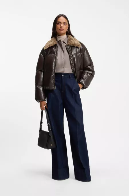 Faux-leather bomber jacket with teddy collar