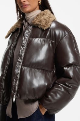 Cazadora bomber de piel sint&eacute;tica con cuello de peluche, Marr&oacute;n
