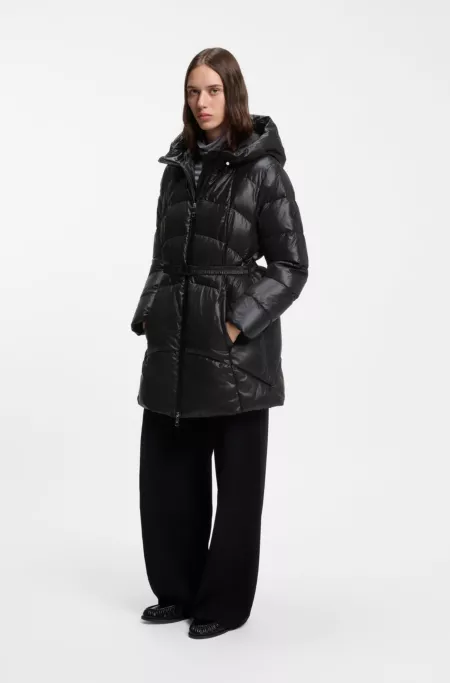 Knee-length hooded jacket with removable belt
