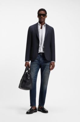 Slim-fit jacket in virgin wool and linen, Dark Blue