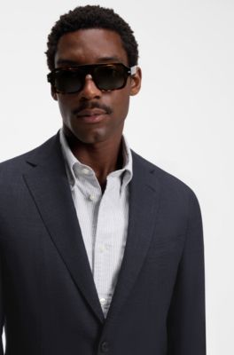 Slim-fit jacket in virgin wool and linen, Dark Blue