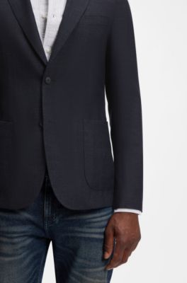 Chaqueta de traje slim fit de lana virgen y lino, Azul oscuro