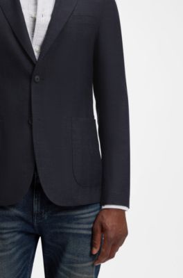 Chaqueta de traje slim fit de lana virgen y lino, Azul oscuro